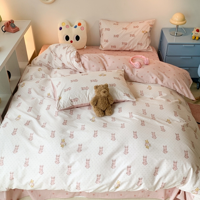 91家纺网 家纺一手货源 找家纺 昔可家纺 2023新款全棉四件套-萌趣卡通 点点小萌兔