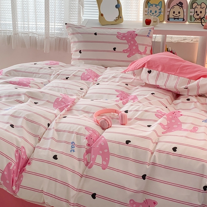 91家纺网 家纺一手货源 找家纺 昔可家纺 2023新款全棉四件套-潮趣系列 粉条爱心猫