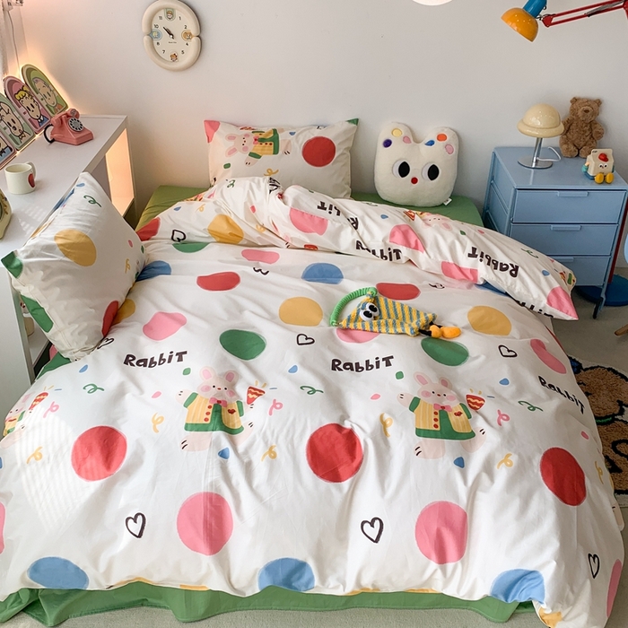 91家纺网 家纺一手货源 找家纺 昔可家纺 2023新款全棉四件套-潮趣系列 彩色波点兔