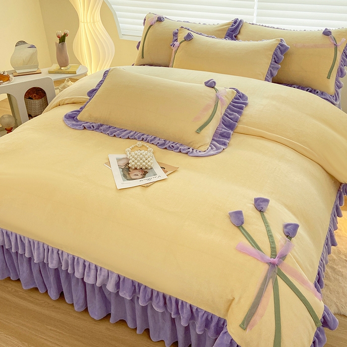 91家纺网 家纺一手货源 找家纺 言熙居 2024新款法莱绒牛奶绒高克重郁金香系列韩版四件套 郁金香黄