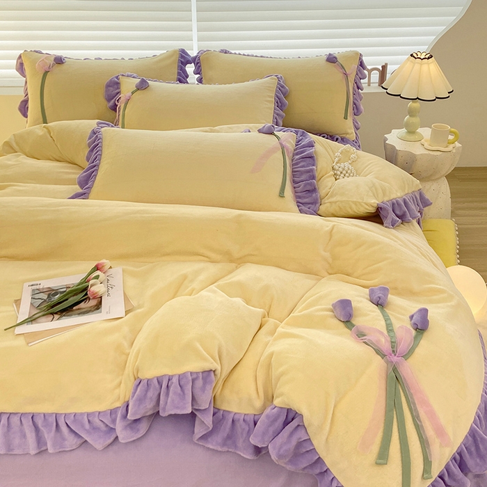 91家纺网 家纺一手货源 找家纺 言熙居 2024新款法莱绒牛奶绒高克重郁金香系列韩版四件套 郁金香黄