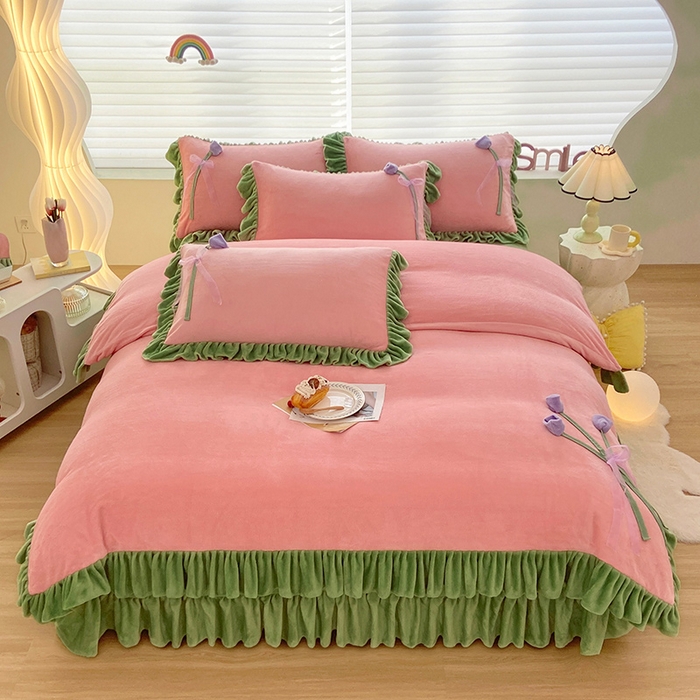 91家纺网 家纺一手货源 找家纺 言熙居 2024新款法莱绒牛奶绒高克重郁金香系列韩版四件套 郁金香粉