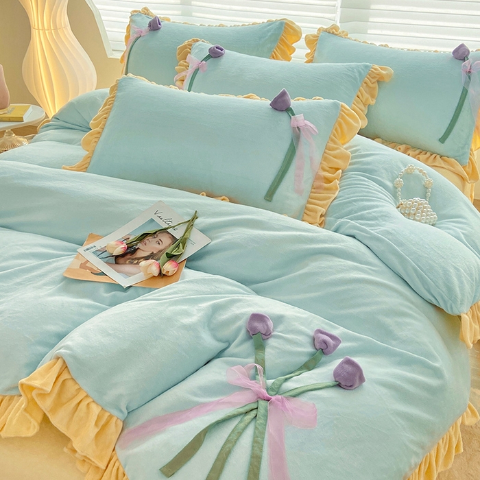 91家纺网 家纺一手货源 找家纺 言熙居 2024新款法莱绒牛奶绒高克重郁金香系列韩版四件套 郁金香蓝