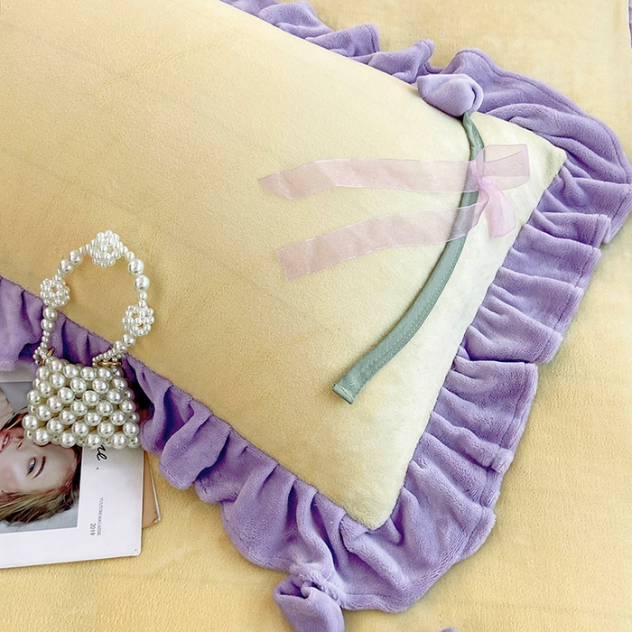 91家纺网 家纺一手货源 找家纺 言熙居 2024新款法莱绒牛奶绒高克重郁金香系列韩版四件套 郁金香黄