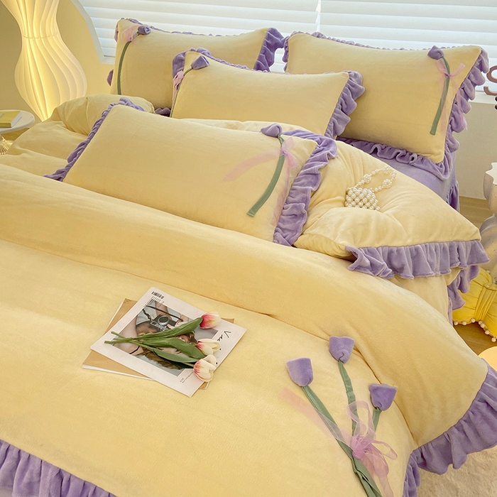 91家纺网 家纺一手货源 找家纺 言熙居 2024新款法莱绒牛奶绒高克重郁金香系列韩版四件套 郁金香黄