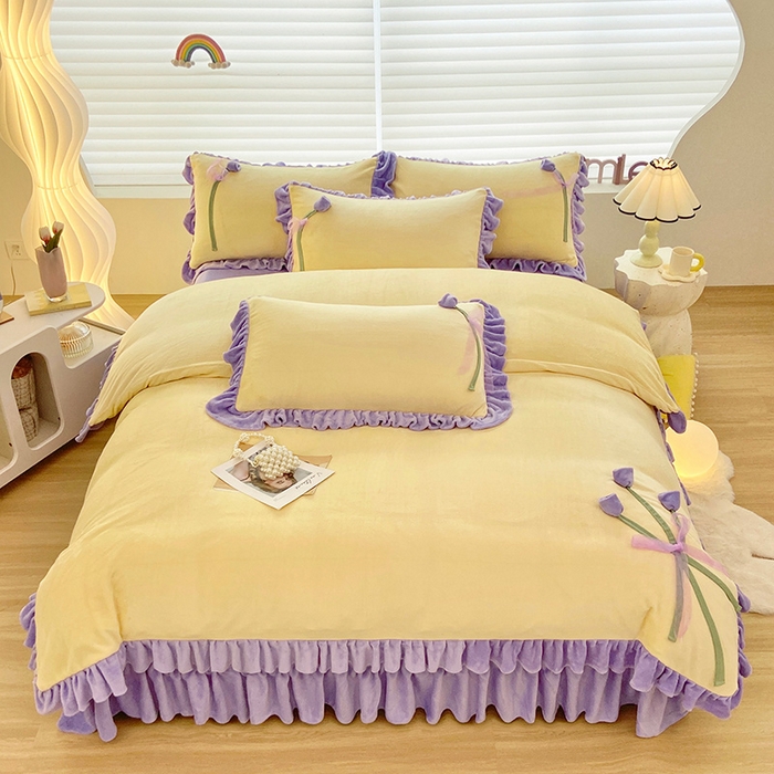 91家纺网 家纺一手货源 找家纺 言熙居 2024新款法莱绒牛奶绒高克重郁金香系列韩版四件套 郁金香黄