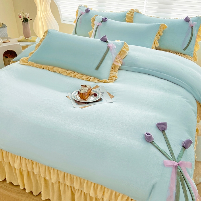 91家纺网 家纺一手货源 找家纺 言熙居 2024新款法莱绒牛奶绒高克重郁金香系列韩版四件套 郁金香蓝