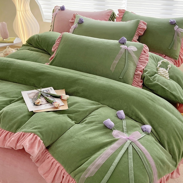 91家纺网 家纺一手货源 找家纺 言熙居 2024新款法莱绒牛奶绒高克重郁金香系列韩版四件套 郁金香绿