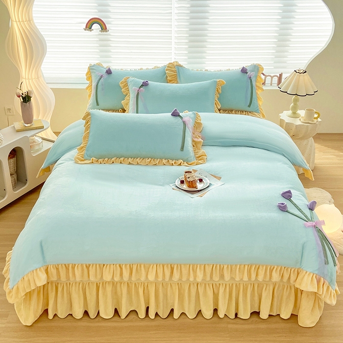 91家纺网 家纺一手货源 找家纺 言熙居 2024新款法莱绒牛奶绒高克重郁金香系列韩版四件套 郁金香蓝