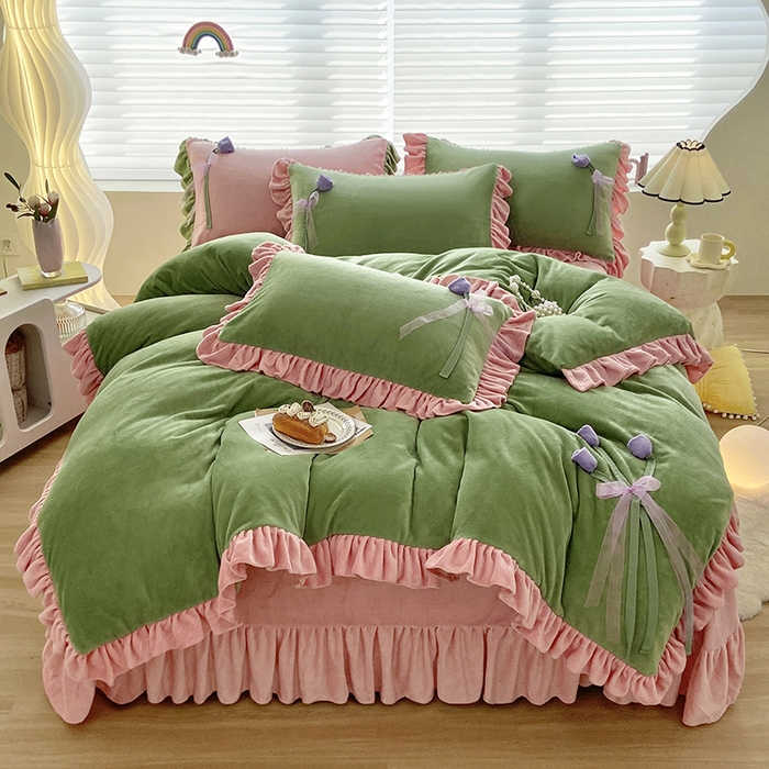 91家纺网 家纺一手货源 找家纺 言熙居 2024新款法莱绒牛奶绒高克重郁金香系列韩版四件套 郁金香绿