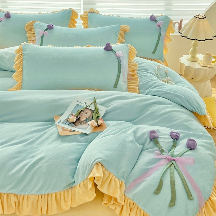 91家纺网 家纺一手货源 找家纺 言熙居 2024新款法莱绒牛奶绒高克重郁金香系列韩版四件套 郁金香蓝