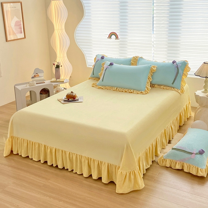 91家纺网 家纺一手货源 找家纺 言熙居 2024新款法莱绒牛奶绒高克重郁金香系列韩版四件套 郁金香蓝