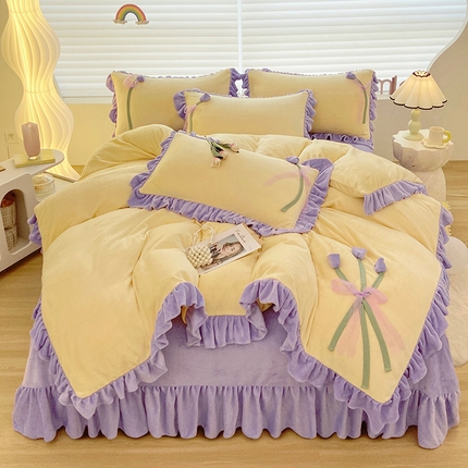 91家纺网 家纺一手货源 找家纺 （总）言熙居 2024新款法莱绒牛奶绒高克重韩版四件套-郁金香系列,郁金香黄,郁金香粉,郁金香蓝,郁金香绿