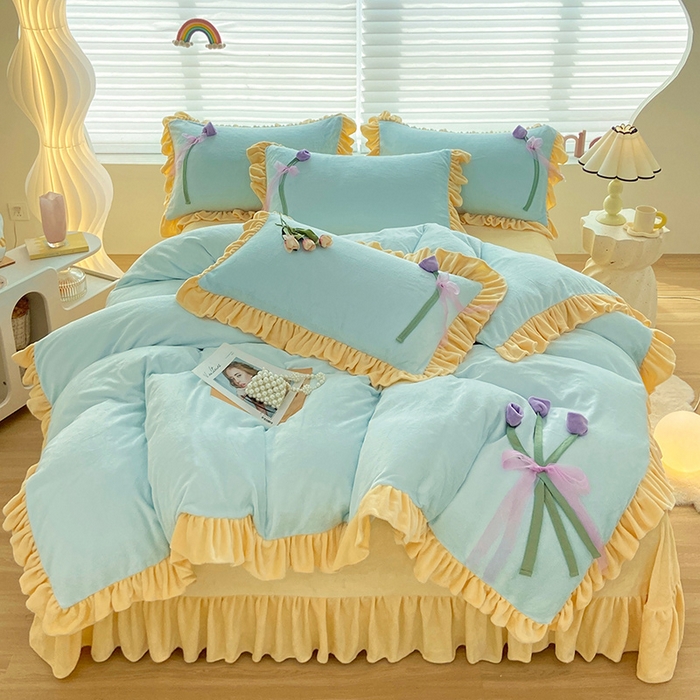 91家纺网 家纺一手货源 找家纺 言熙居 2024新款法莱绒牛奶绒高克重郁金香系列韩版四件套 郁金香蓝