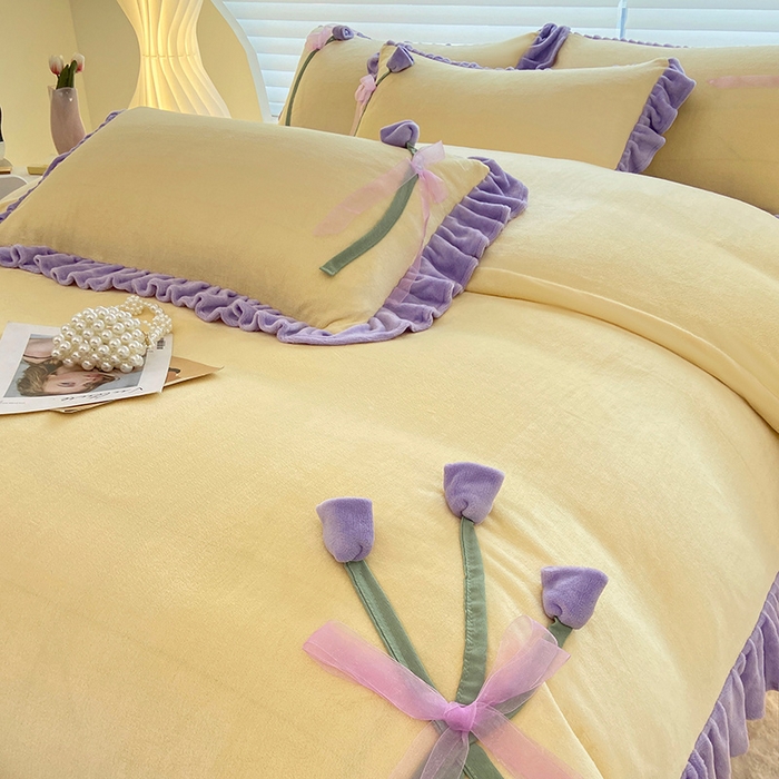 91家纺网 家纺一手货源 找家纺 言熙居 2024新款法莱绒牛奶绒高克重郁金香系列韩版四件套 郁金香黄