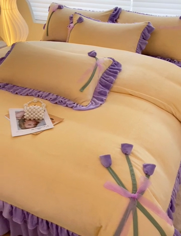 91家纺网 家纺一手货源 找家纺 言熙居 2024新款法莱绒牛奶绒高克重郁金香系列韩版四件套 郁金香黄