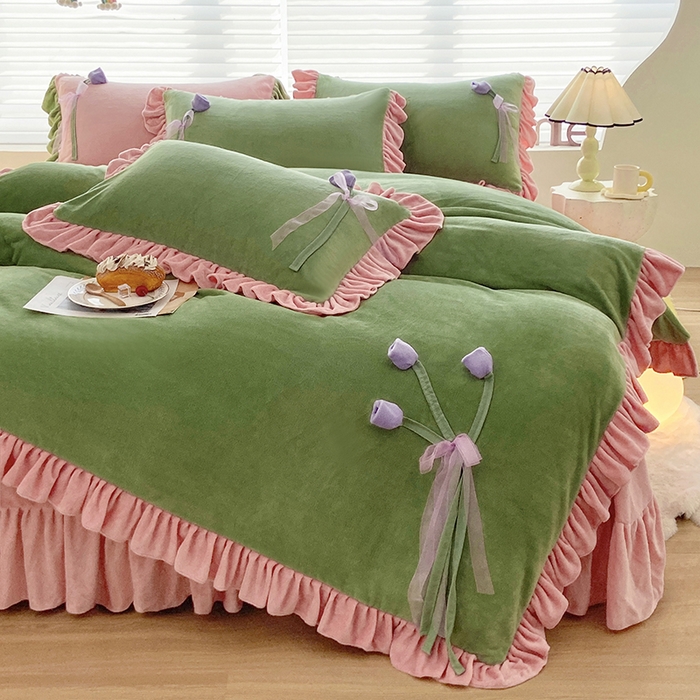 91家纺网 家纺一手货源 找家纺 言熙居 2024新款法莱绒牛奶绒高克重郁金香系列韩版四件套 郁金香绿