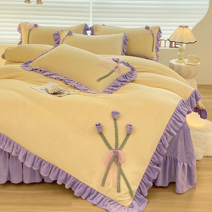 91家纺网 家纺一手货源 找家纺 言熙居 2024新款法莱绒牛奶绒高克重郁金香系列韩版四件套 郁金香黄