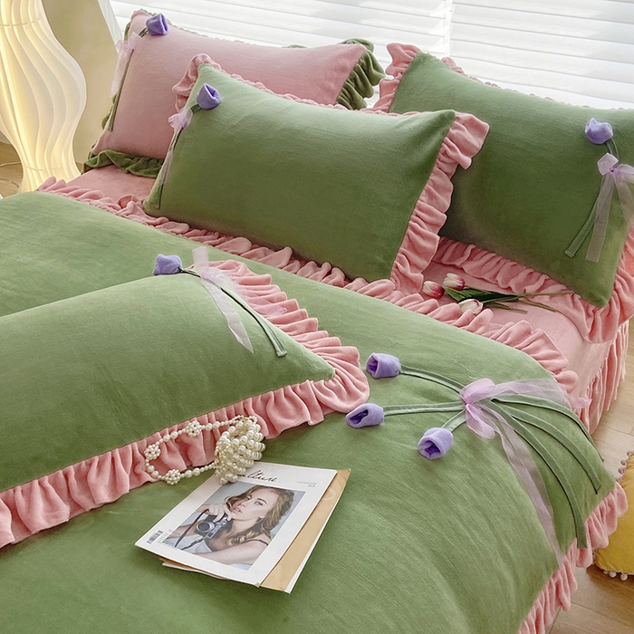 91家纺网 家纺一手货源 找家纺 言熙居 2024新款法莱绒牛奶绒高克重郁金香系列韩版四件套 郁金香绿