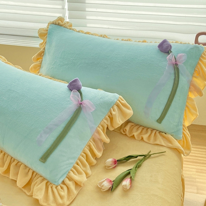 91家纺网 家纺一手货源 找家纺 言熙居 2024新款法莱绒牛奶绒高克重郁金香系列韩版四件套 郁金香蓝