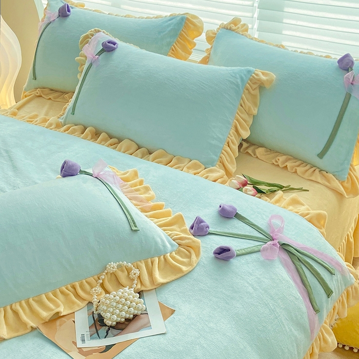 91家纺网 家纺一手货源 找家纺 言熙居 2024新款法莱绒牛奶绒高克重郁金香系列韩版四件套 郁金香蓝