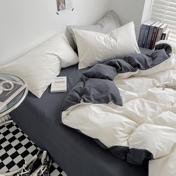 91家纺网 家纺一手货源 找家纺 宜家坊 2023新款ins风小红书同款水洗棉亲肤磨毛混搭纯色双拼四件套 双拼-白蓝灰