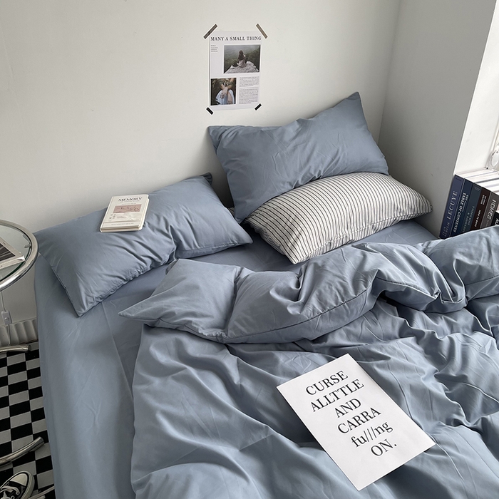 91家纺网 家纺一手货源 找家纺 宜家坊 2023新款ins风小红书同款水洗棉亲肤磨毛混搭纯色双拼四件套 纯色-雾蓝