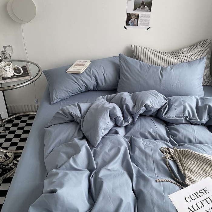 91家纺网 家纺一手货源 找家纺 宜家坊 2023新款ins风小红书同款水洗棉亲肤磨毛混搭纯色双拼四件套 纯色-雾蓝