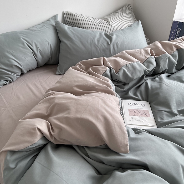 91家纺网 家纺一手货源 找家纺 宜家坊 2023新款ins风小红书同款水洗棉亲肤磨毛混搭纯色双拼四件套 双拼-抹茶卡其