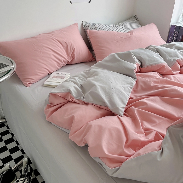 91家纺网 家纺一手货源 找家纺 宜家坊 2023新款ins风小红书同款水洗棉亲肤磨毛混搭纯色双拼四件套 双拼-豆沙浅灰