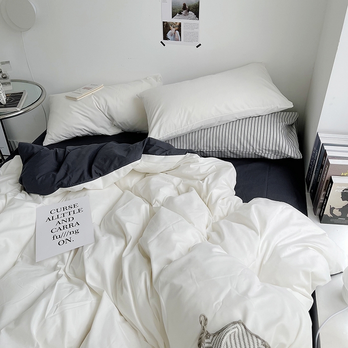 91家纺网 家纺一手货源 找家纺 宜家坊 2023新款ins风小红书同款水洗棉亲肤磨毛混搭纯色双拼四件套 双拼-白蓝灰