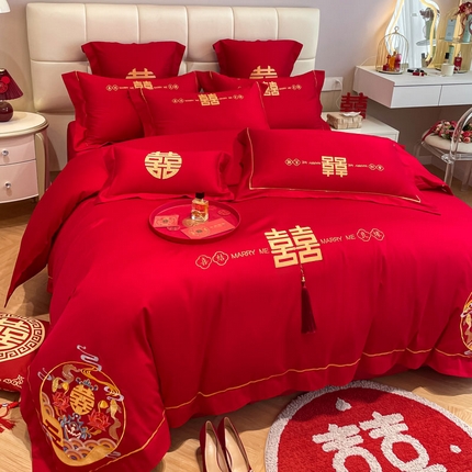 91家纺网 家纺一手货源 找家纺 欧乐蒂 2025新款亲肤棉刺绣婚庆四件套 喜结良缘