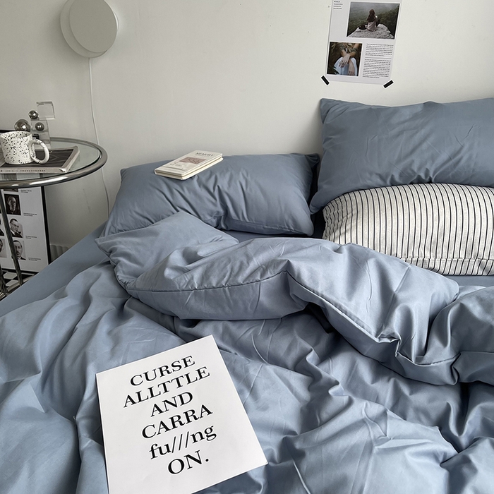 91家纺网 家纺一手货源 找家纺 宜家坊 2023新款ins风小红书同款水洗棉亲肤磨毛混搭纯色双拼四件套 纯色-雾蓝