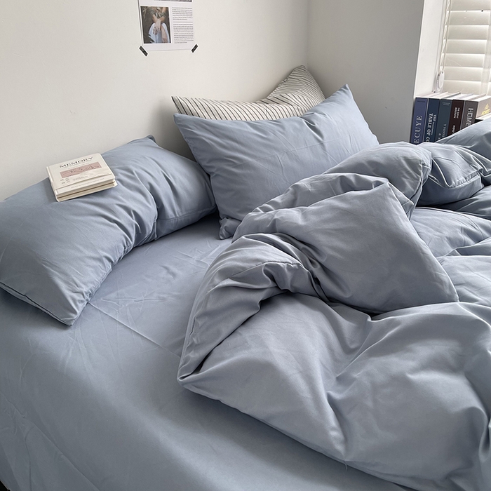91家纺网 家纺一手货源 找家纺 宜家坊 2023新款ins风小红书同款水洗棉亲肤磨毛混搭纯色双拼四件套 纯色-雾蓝