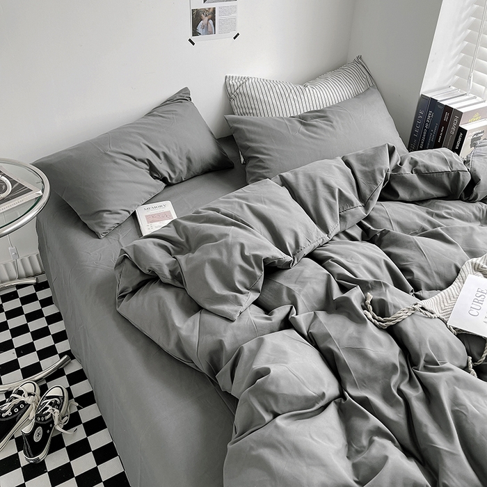 91家纺网 家纺一手货源 找家纺 宜家坊 2023新款ins风小红书同款水洗棉亲肤磨毛混搭纯色双拼四件套 纯色-深灰