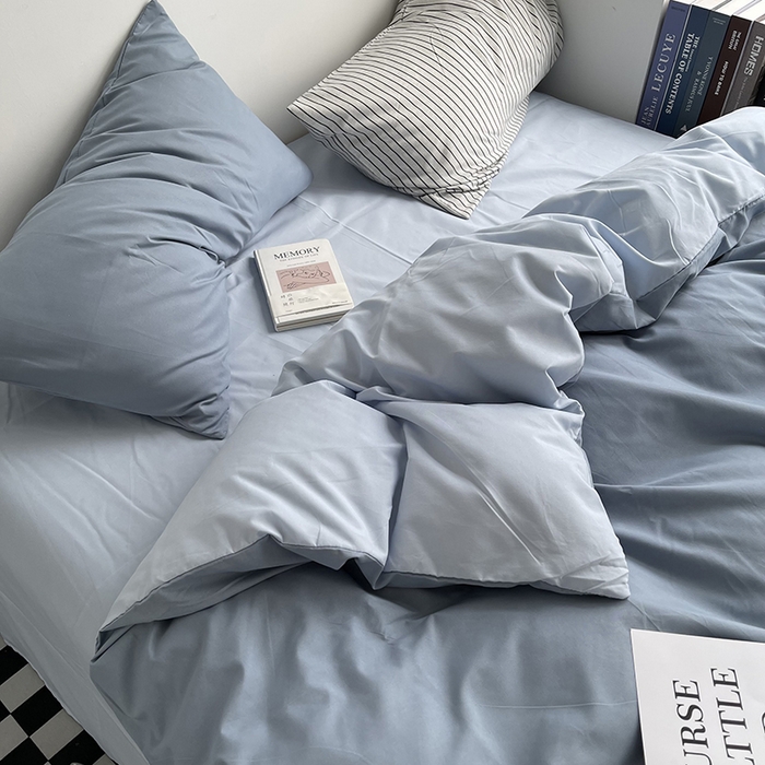 91家纺网 家纺一手货源 找家纺 宜家坊 2023新款ins风小红书同款水洗棉亲肤磨毛混搭纯色双拼四件套 双拼-月光雾蓝