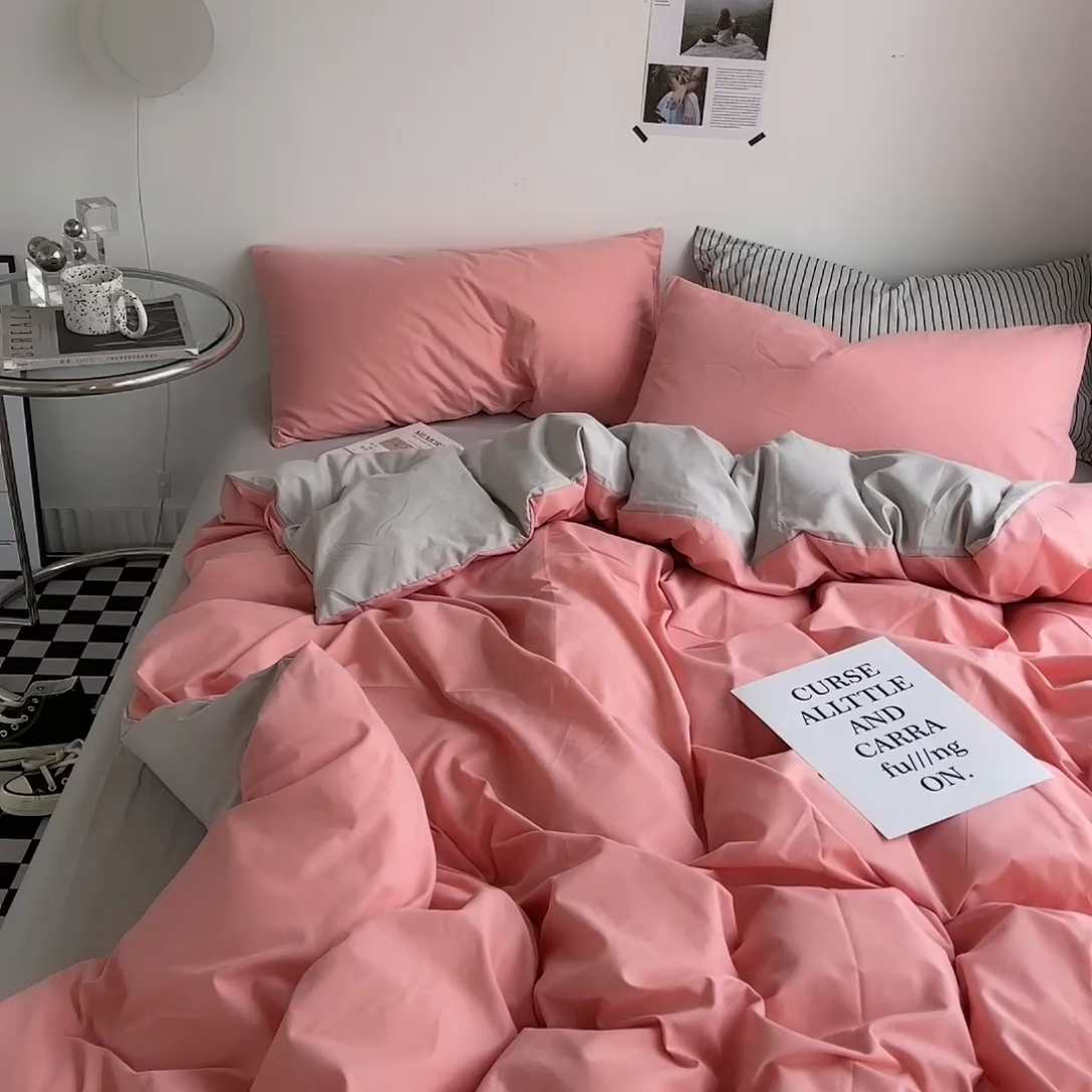 91家纺网 家纺一手货源 找家纺 宜家坊 2023新款ins风小红书同款水洗棉亲肤磨毛混搭纯色双拼四件套 双拼-豆沙浅灰