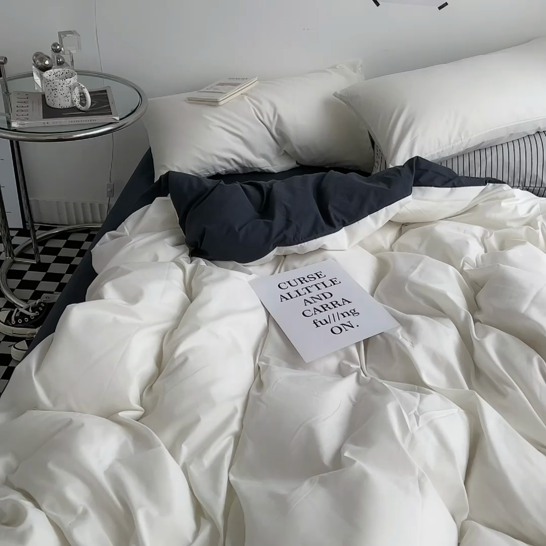 91家纺网 家纺一手货源 找家纺 宜家坊 2023新款ins风小红书同款水洗棉亲肤磨毛混搭纯色双拼四件套 双拼-白蓝灰