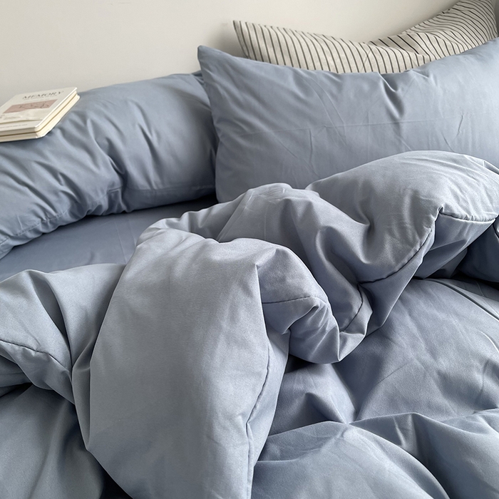 91家纺网 家纺一手货源 找家纺 宜家坊 2023新款ins风小红书同款水洗棉亲肤磨毛混搭纯色双拼四件套 纯色-雾蓝