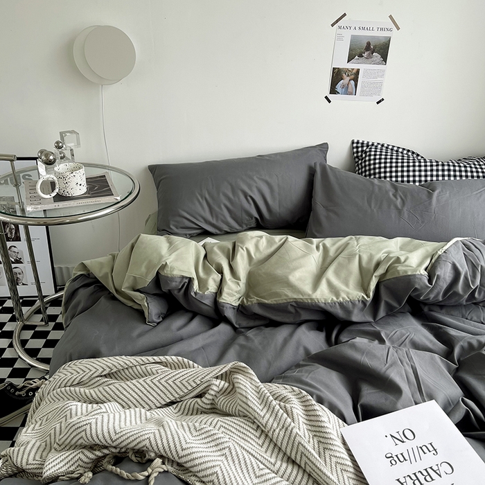 91家纺网 家纺一手货源 找家纺 宜家坊 2023新款ins风小红书同款水洗棉亲肤磨毛混搭纯色双拼四件套 双拼-深灰抹茶