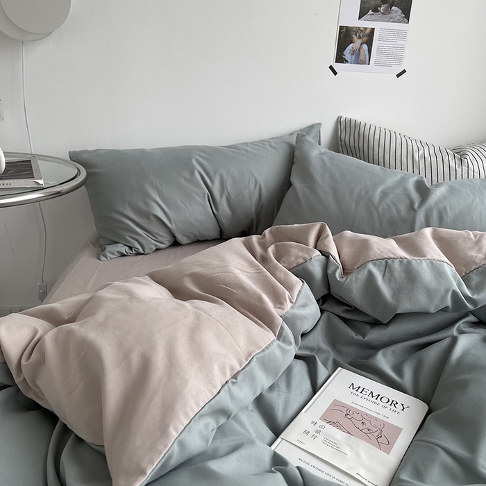 91家纺网 家纺一手货源 找家纺 宜家坊 2023新款ins风小红书同款水洗棉亲肤磨毛混搭纯色双拼四件套 双拼-抹茶卡其