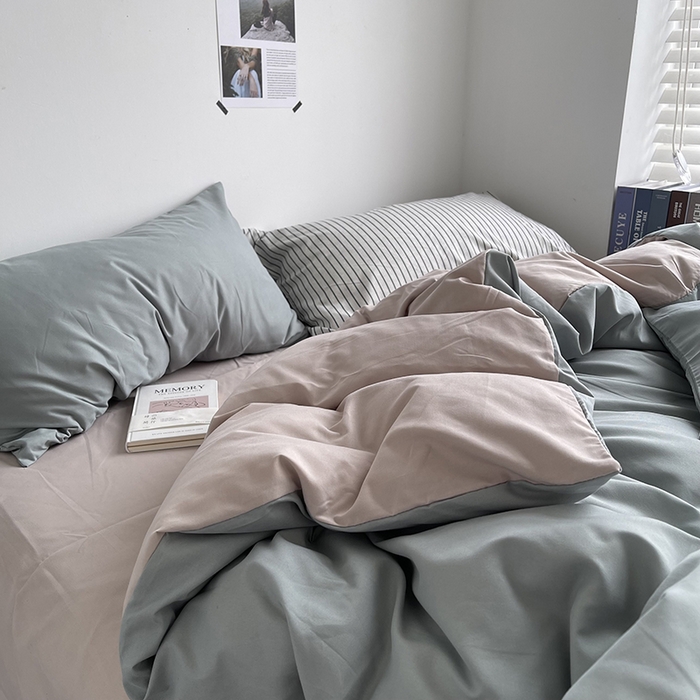 91家纺网 家纺一手货源 找家纺 宜家坊 2023新款ins风小红书同款水洗棉亲肤磨毛混搭纯色双拼四件套 双拼-抹茶卡其