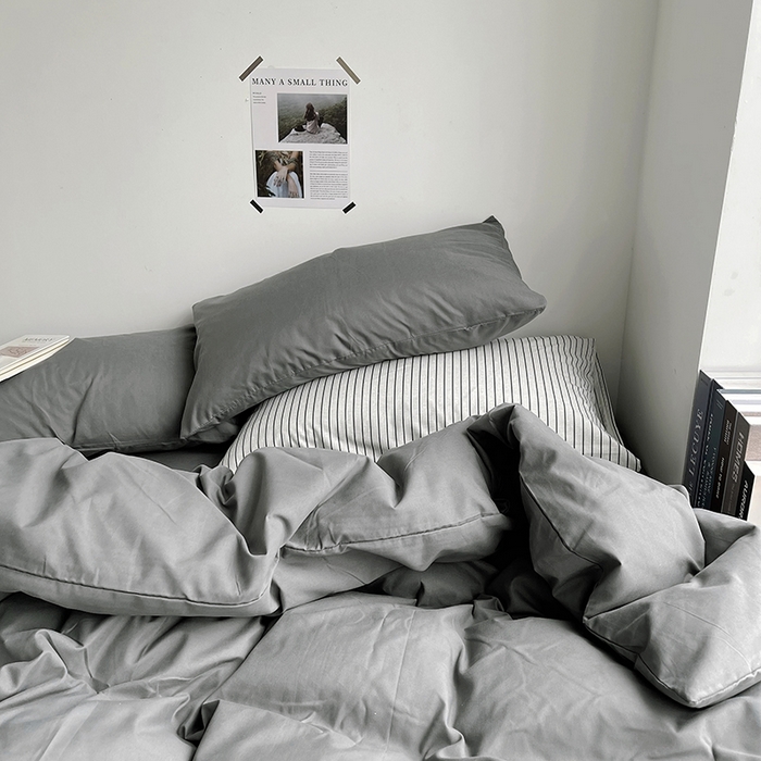 91家纺网 家纺一手货源 找家纺 宜家坊 2023新款ins风小红书同款水洗棉亲肤磨毛混搭纯色双拼四件套 纯色-深灰