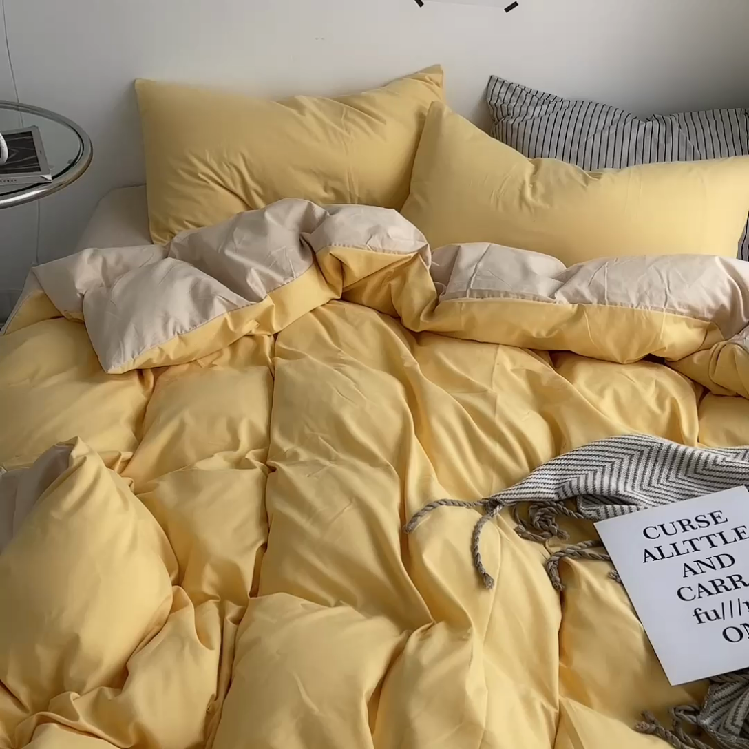 91家纺网 家纺一手货源 找家纺 宜家坊 2023新款ins风小红书同款水洗棉亲肤磨毛混搭纯色双拼四件套 双拼-炭烤起司