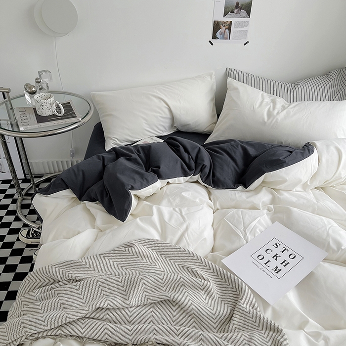 91家纺网 家纺一手货源 找家纺 宜家坊 2023新款ins风小红书同款水洗棉亲肤磨毛混搭纯色双拼四件套 双拼-白蓝灰