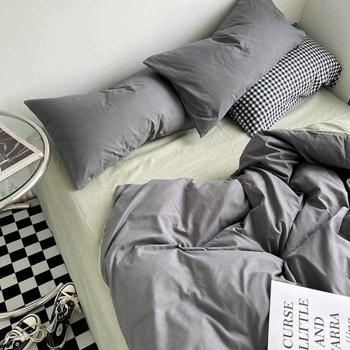 91家纺网 家纺一手货源 找家纺 宜家坊 2023新款ins风小红书同款水洗棉亲肤磨毛混搭纯色双拼四件套 双拼-深灰抹茶