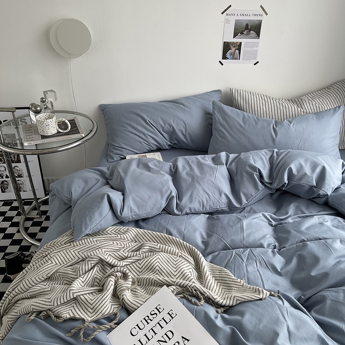 91家纺网 家纺一手货源 找家纺 宜家坊 2023新款ins风小红书同款水洗棉亲肤磨毛混搭纯色双拼四件套 纯色-雾蓝