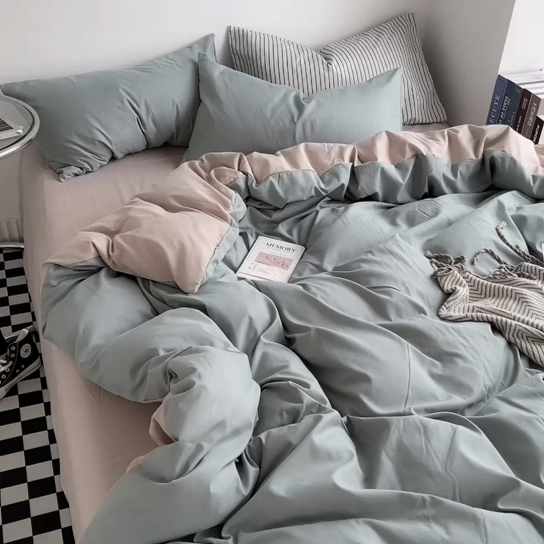 91家纺网 家纺一手货源 找家纺 宜家坊 2023新款ins风小红书同款水洗棉亲肤磨毛混搭纯色双拼四件套 双拼-抹茶卡其