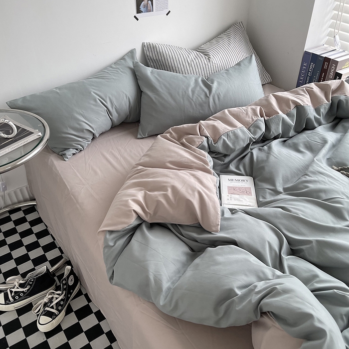 91家纺网 家纺一手货源 找家纺 宜家坊 2023新款ins风小红书同款水洗棉亲肤磨毛混搭纯色双拼四件套 双拼-抹茶卡其