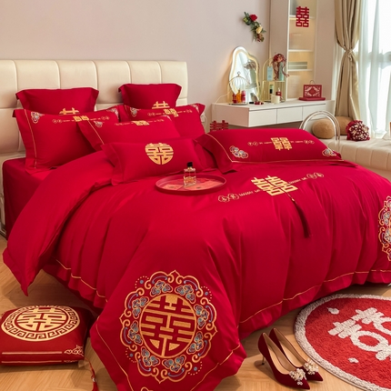 91家纺网 家纺一手货源 找家纺 欧乐蒂 2025新款亲肤棉刺绣婚庆四件套 吾家有喜